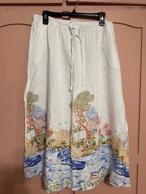 White Drawstring Midi Skirt with Coastal Print